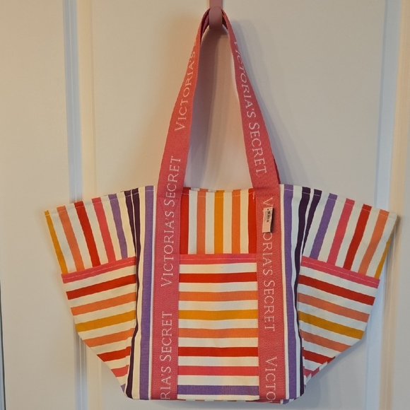 Victoria's Secret Handbags - Victoria's Secret Red and Pink Tote Bag with Striped Design NWT